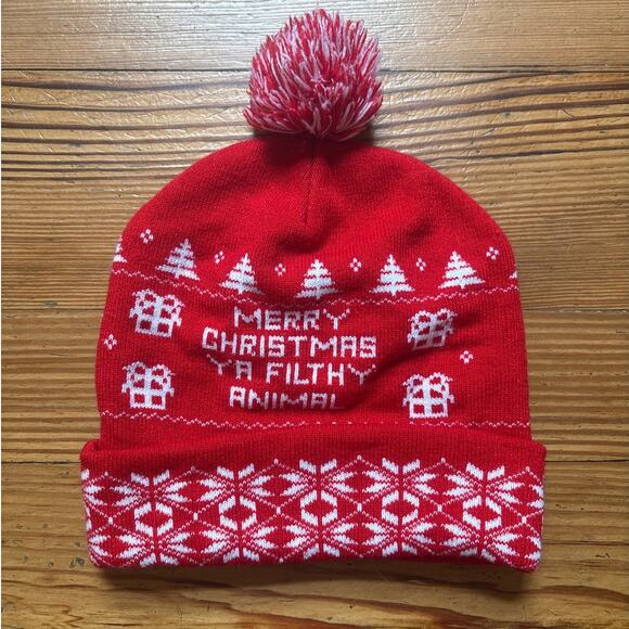 Merry Christmas filthy animal Home Alone red white pom knit beanie winter hat - Picture 4 of 4